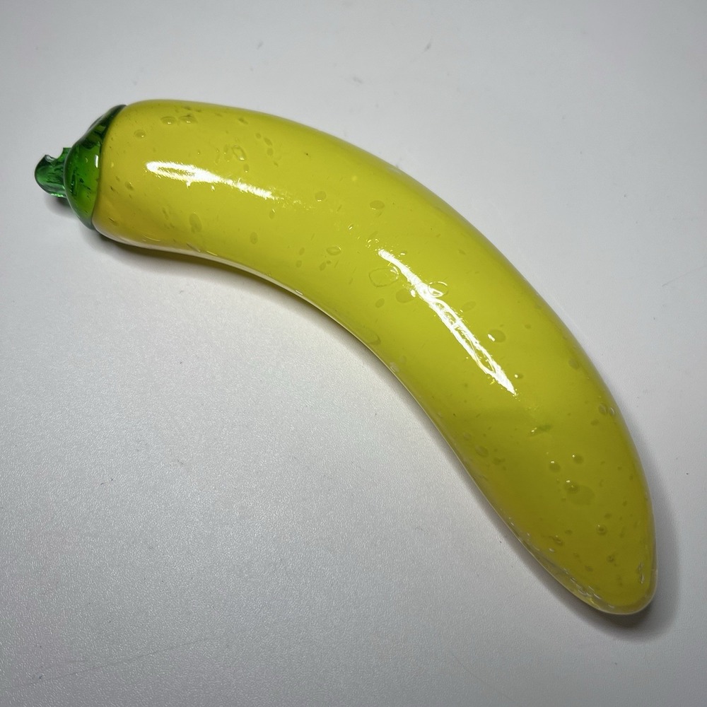 Vibrant Yellow Hand-Blown Glass Banana Green Applied Stem 7.5"